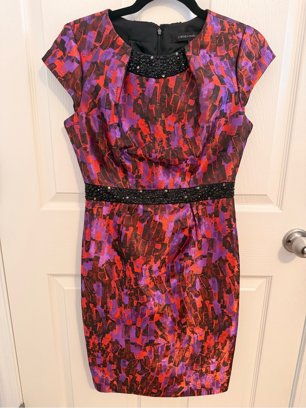 Carmen Marc Valvo Red and Purple Beaded Sheath Dress